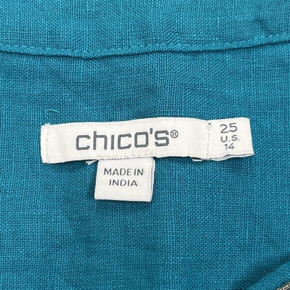 Chico's 100% Linen Embellished Cap Sleeve Dress Tiered Teal Green Midi Size 14 - Picture 4 of 12